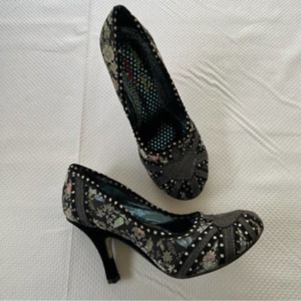 Irregular Choice Patty Heels in Black & Grey Floral Union Jack Motif 40